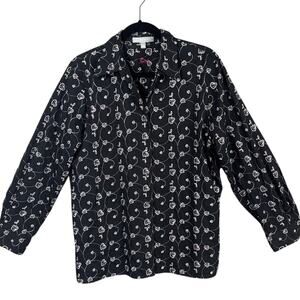 Foxcroft Women’s Button Up Shirt Black Eyelet Embroidered Hearts Pattern 14